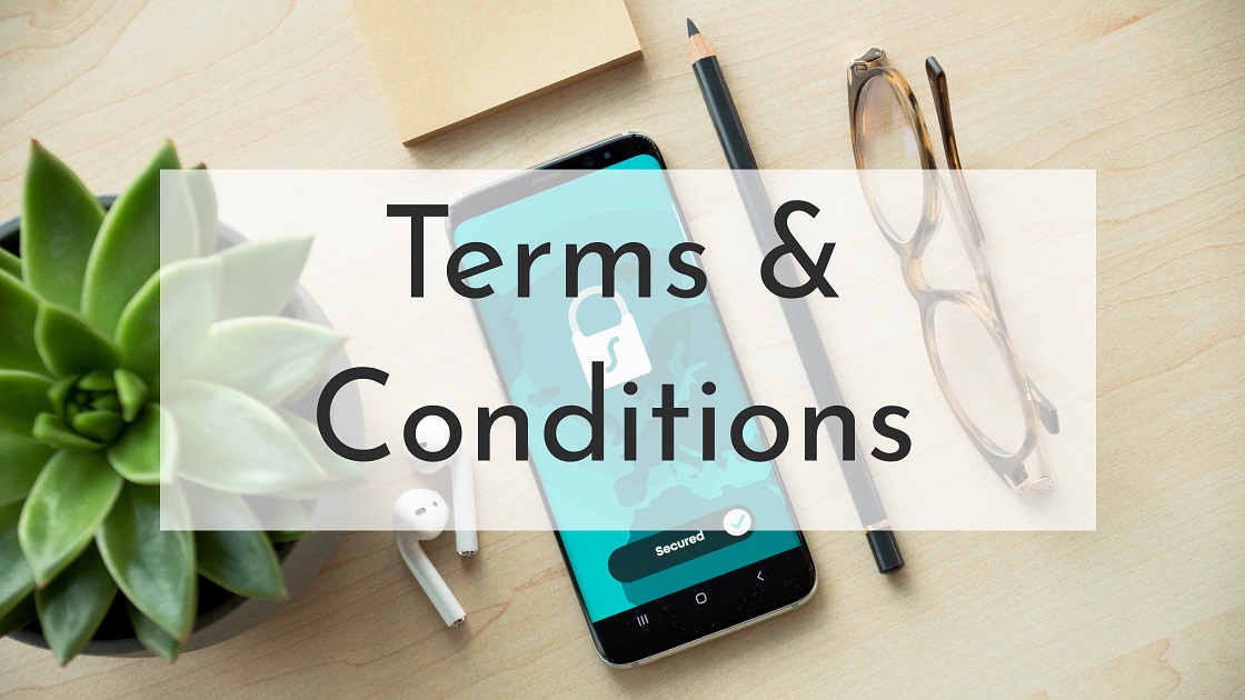 Terms and Conditions banner with a phone, pencil, plant and glasses on an editor's desk.