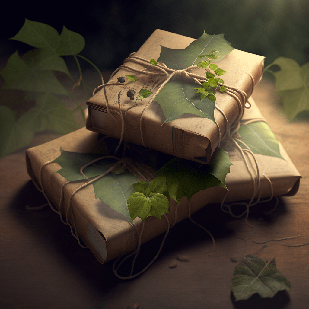 A series of books I ghostwrote wrapped in brown paper decorated with ivy leaves.