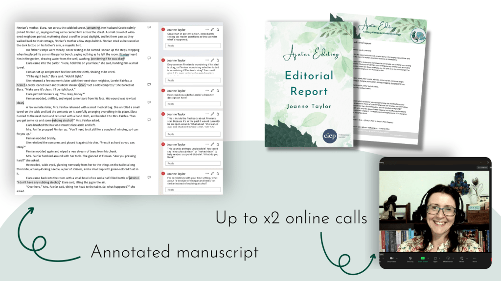 Developmental feedback editorial pack with annotated manuscript, editorial report, and x2 calls.
