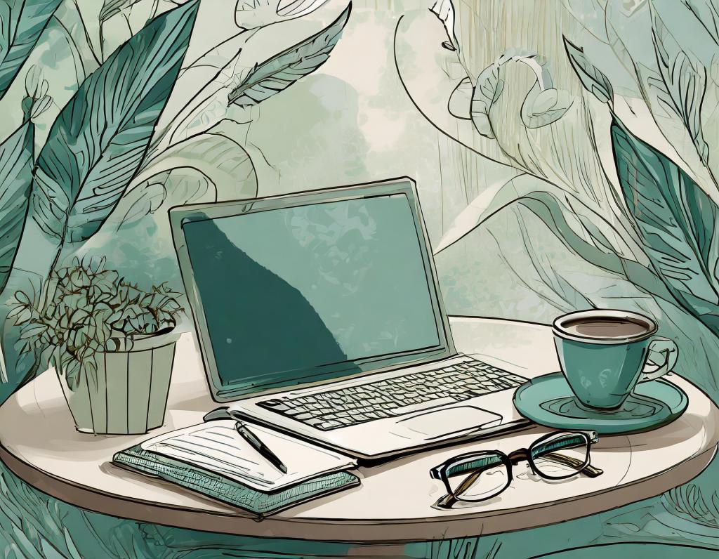 Illustration of a laptop on a desk in green and cream. With Adobe Firefly, trained on licensed images.