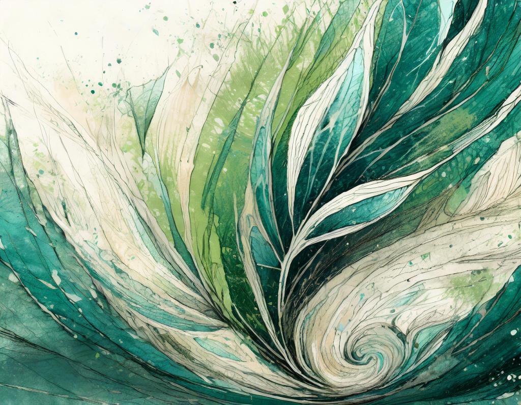 Pencil sketch in teal, green and cream of curved leaves. With Adobe Firefly, trained on licensed images.