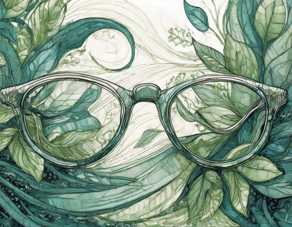 Illustration of green glasses and botanical background. With Adobe Firefly, trained on licensed images.