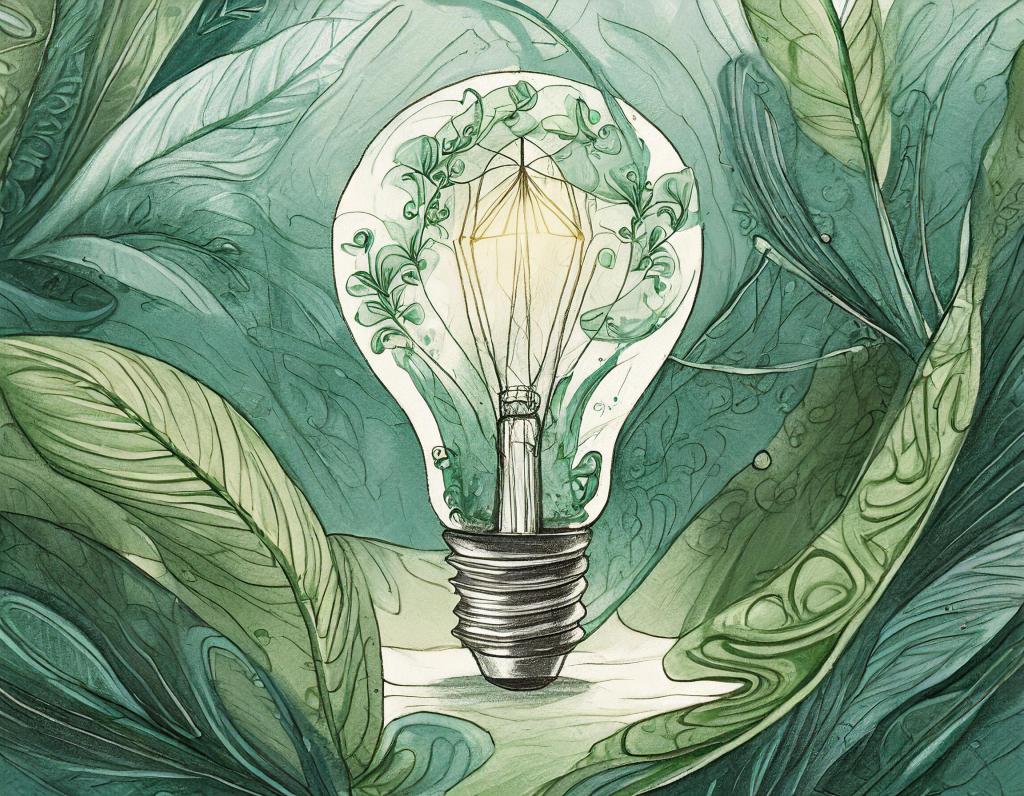 Sketch of a lightbulb with green, teal, and cream, curved leaves inside and out. With Adobe Firefly, trained on licensed images.