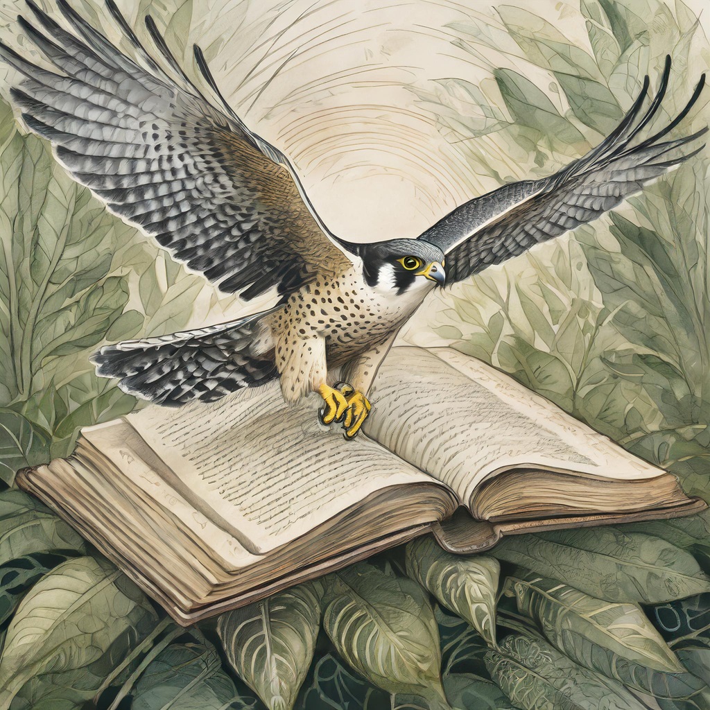 Peregrine flying over open book. With Adobe Firefly, trained on licensed images.