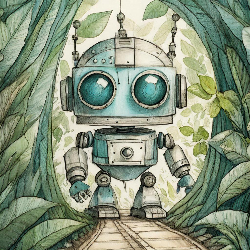 Illustration of a robot with botanical background. With Adobe Firefly, trained on licensed images.