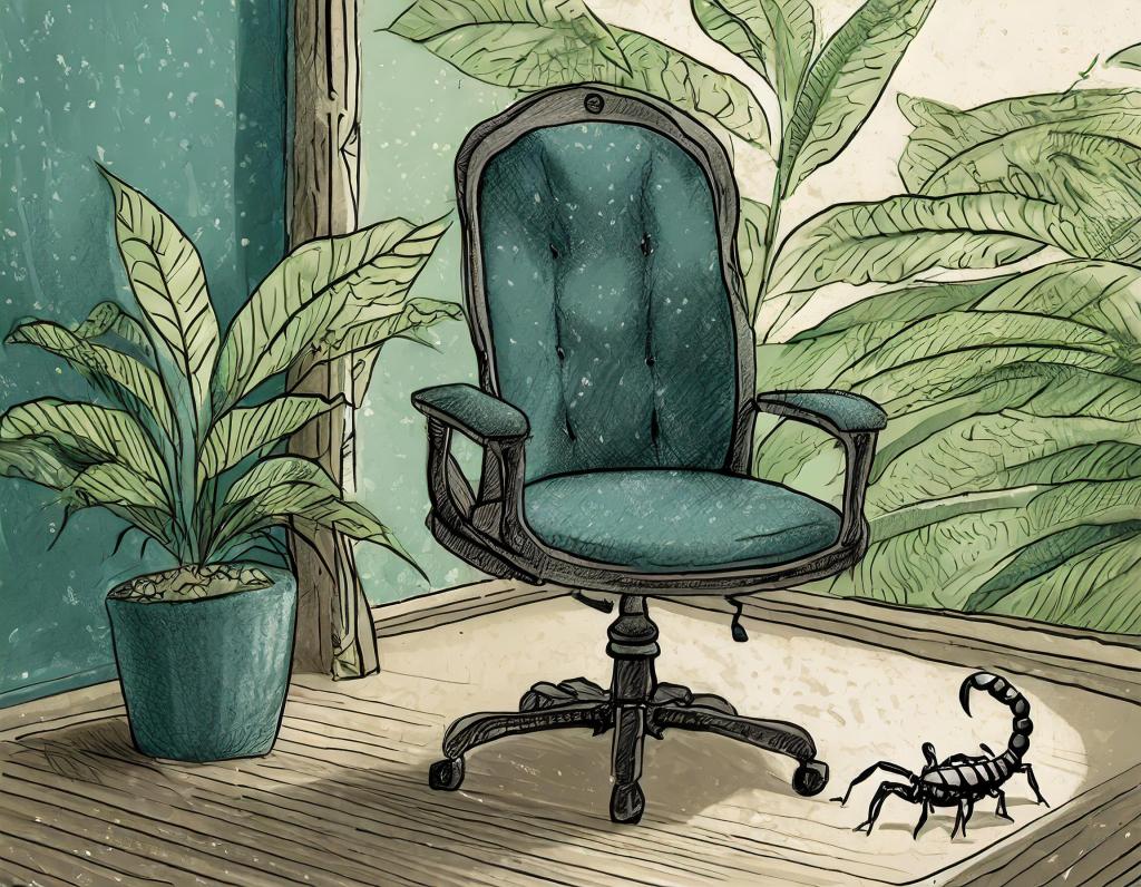 Illustration of an office chair on the verandah with a black scorpion on the floor. With Adobe Firefly, trained on licensed images.