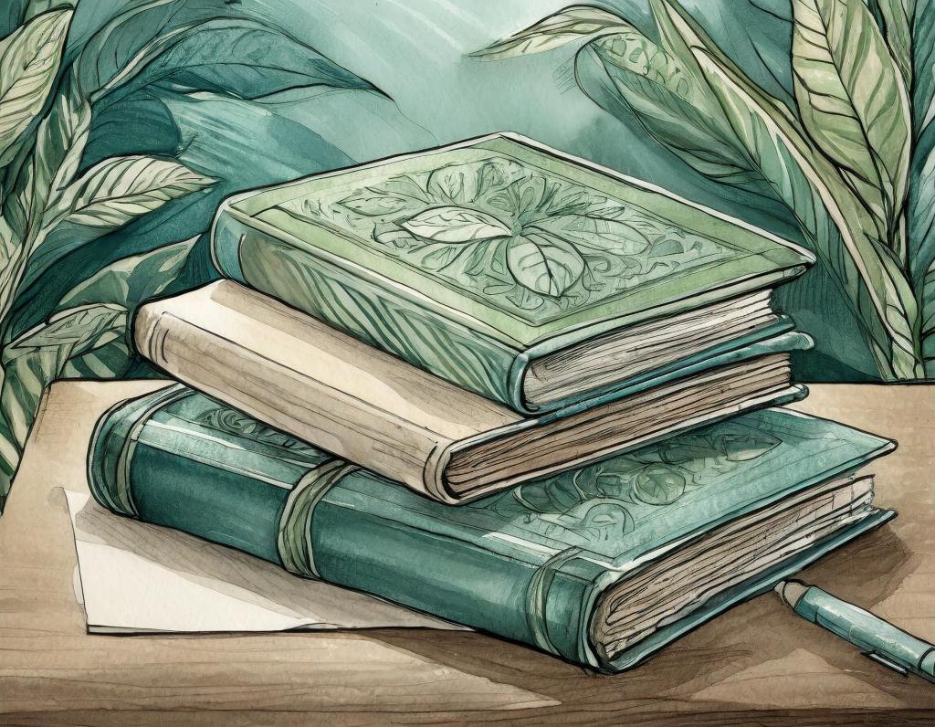 Illustration of three books on a desk in teal, greens, and cream. With Adobe Firefly, trained on licensed images.